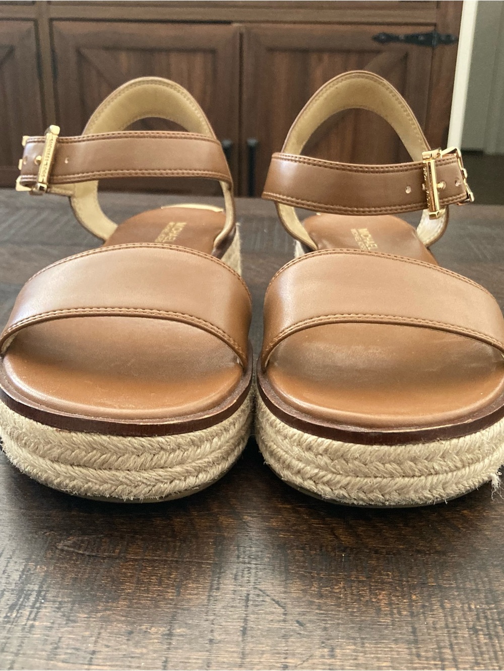 Michael Kors Tan Leather Espadrille Platform Sandals – Gold MK Buckle